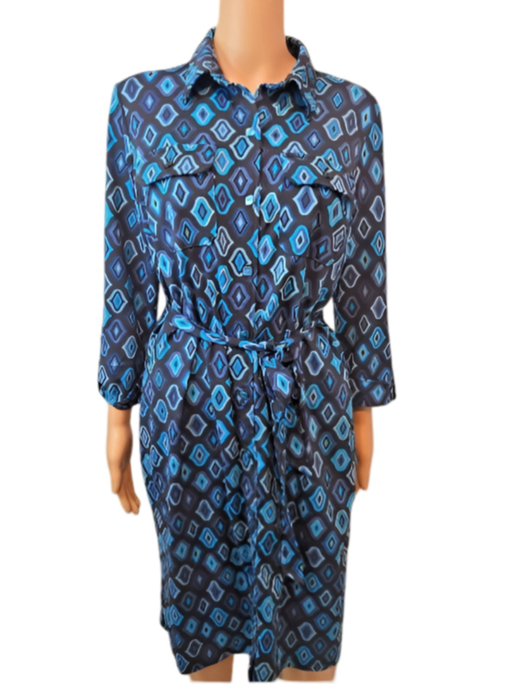 Ann Taylor Geo Print Shirt Dress Medium Navy Blue Midi Belted Button Front - Picture 2 of 8